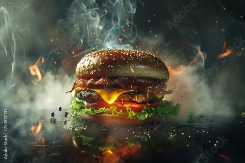 Hamburger with flames and smoke, banner advertisement, generated with AI