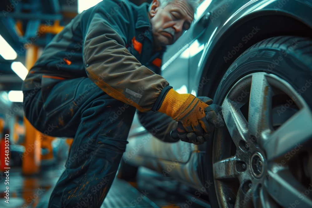 Professional Workers use Tools to change a car tire in Repair Shop