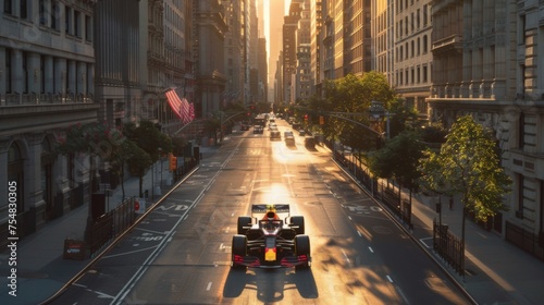 A ultra realistic photo of a 2023 formula1 car driving down 5th avenue new york. realistic scaling. drone photography. sunny, generated with AI