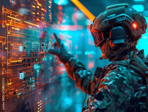 Depict a cyber soldier hacking into enemy defenses using augmented reality © Thanapipat