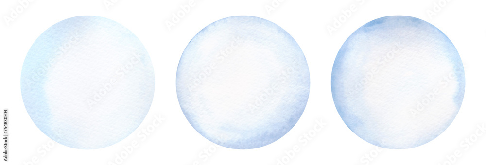 A set of watercolor light blue circles isolated on a white background, hand-drawn. Round geometric background with gradient. A template for design, decoration with a place for text. A set of watercolor light blue circles isolated on a white background, hand-drawn. Round geometric background with gradient. A template for design, decoration with a place for text.