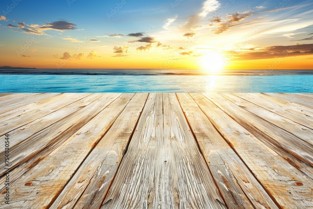 Wooden deck with a swimming pool and outdoor garden set in a tropical landscape. the wood deck pool is surrounded by a lush tropical forest with palm trees, generated with AI