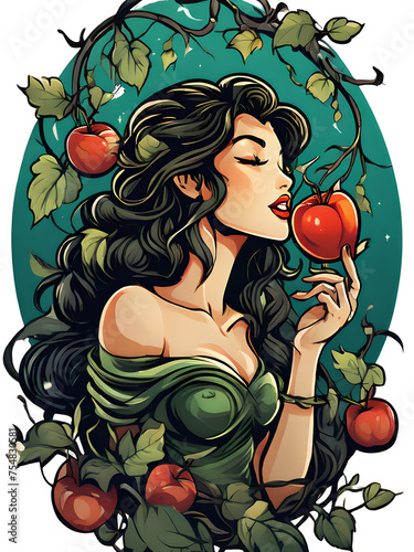 Drawing of Eve in paradise with the forbidden fruit.