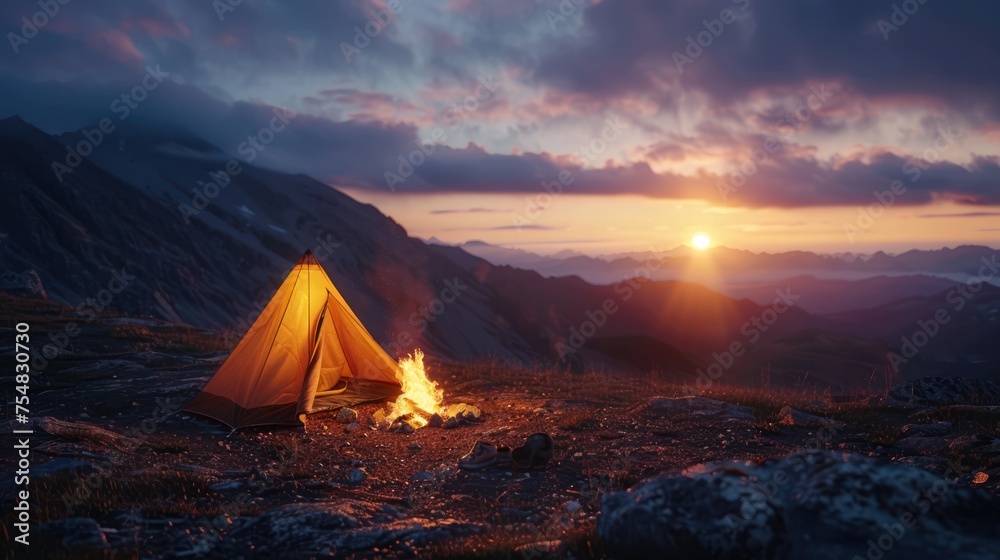 Tourist tent in mountain Campfire in sunset under the sky and cloud
