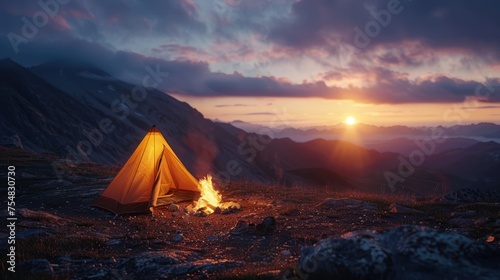 Tourist tent in mountain Campfire in sunset under the sky and cloud
