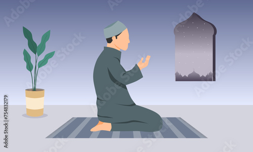 A Muslim man praying at home. A Muslim man sitting on prayer mat. Vector illustration.