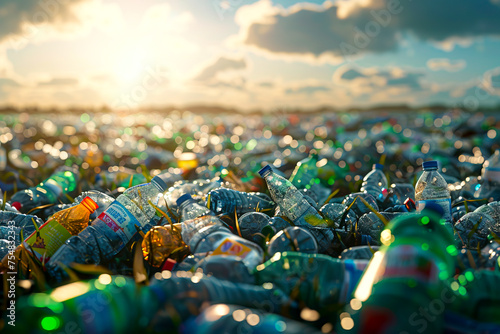 Colorful plastic bottles stacked in a recycling pile  a creative take on plastic recycling created with Generative AI technology photo