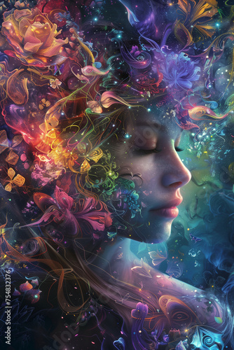 introvert highly sensitive person, abstract colorful fantasy illustration of a girl who needs peace, surrounded by chaos photo