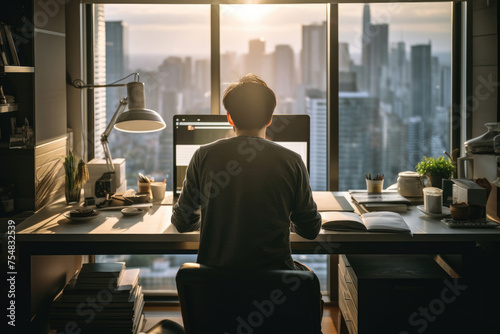 男性, 男性の後ろ姿, デスク, 仕事, 勉強, 仕事をする男性, パソコン, Male, Male Back View, Desk, Work, Study, Working Man, Computer