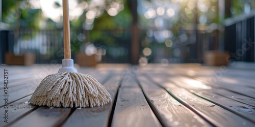 A mop stands on a sun-dappled wooden deck, highlighting outdoor housekeeping and domestic maintenance. photo