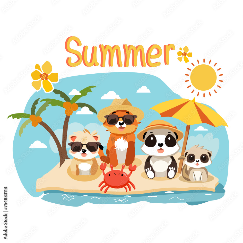 Cute animals with summer vacation on the beach.