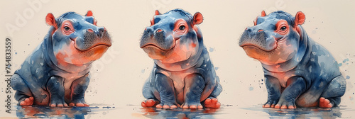 hippopotamus hippo cute animal watercolor painting