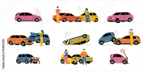 Cartoon car crash. Wrecked broken crashed vehicles on road, car accident with damage and driver injury. Vector isolated set