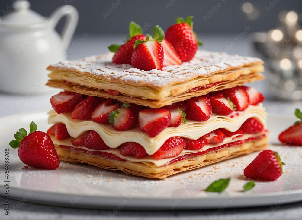 Erdbeer-Millefeuille-Törtchen, kunstvoll angerichtet für Gourmetgenuss Erdbeer-Millefeuille-Törtchen, kunstvoll angerichtet für Gourmetgenuss