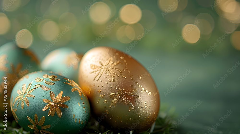 a green wooden table with a pile of speckled green Easter eggs painted in gold. a green wooden table with a pile of speckled green Easter eggs painted in gold.
