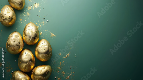 a green wooden table with a pile of speckled green Easter eggs painted in gold. 