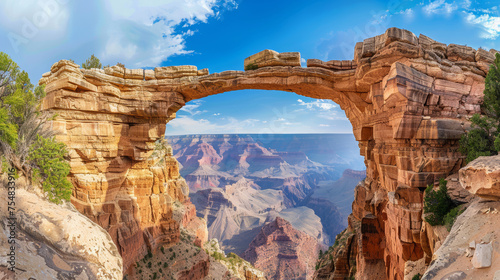 hyper realistic photo of natural arch spanning over grand canyon  blue sky 