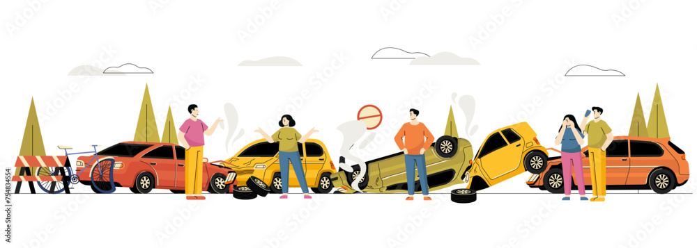 Car accident concept. Cartoon man driver calling for help after car crash, vehicle insurance service, road safety and traffic accident. Vector illustration