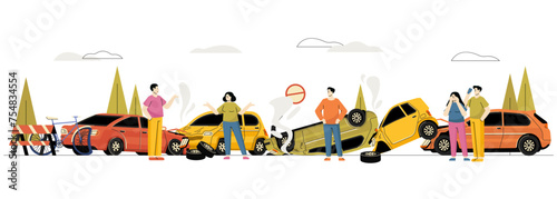Car accident concept. Cartoon man driver calling for help after car crash, vehicle insurance service, road safety and traffic accident. Vector illustration © Tartila