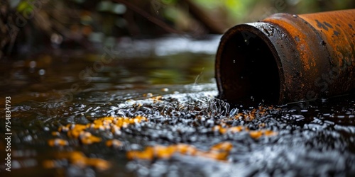 Contaminated water flowing from an old, rusty pipe into a natural water body.