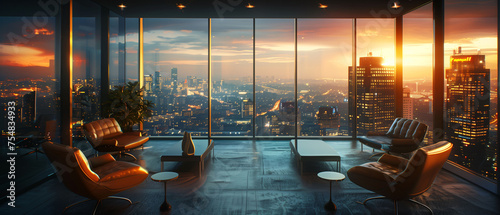 Elegant office with panoramic city view during sunset