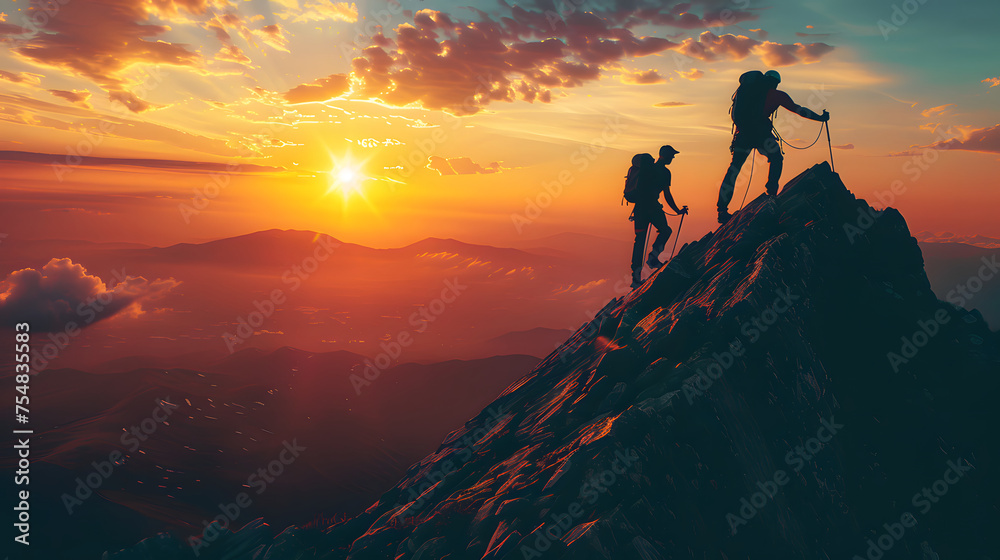 A man and a woman climb a mountain with a beautiful sunset in the background.