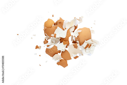 Pile of broken eggshell isolated flat lay