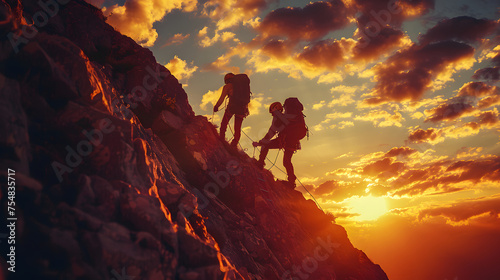 A man and a woman climb a mountain with a beautiful sunset in the background. © wing