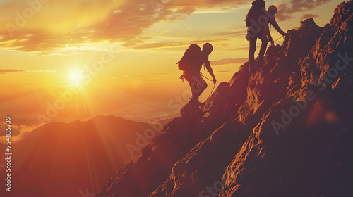 A man and a woman climb a mountain with a beautiful sunset in the background.