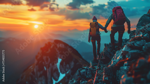 A man and a woman climb a mountain with a beautiful sunset in the background.