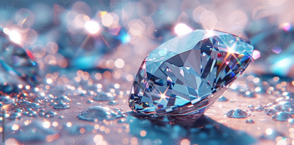 Closeup view of a sparkling diamond on a reflective surface with water droplets, showcasing its brilliance and beauty Closeup view of a sparkling diamond on a reflective surface with water droplets, showcasing its brilliance and beauty