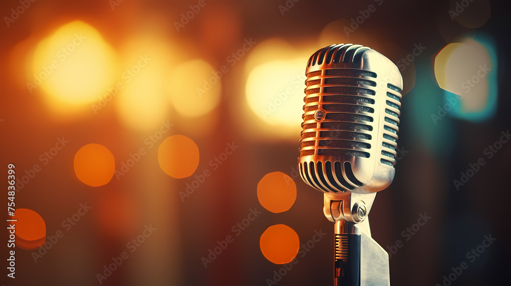 Podcasting concept, microphone on blurred background - obrazy, fototapety, plakaty 