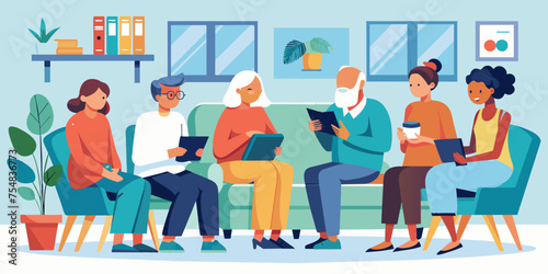 Waiting Room Moments: Vector Illustration of Patients Reading, Using Tablets, and Talking