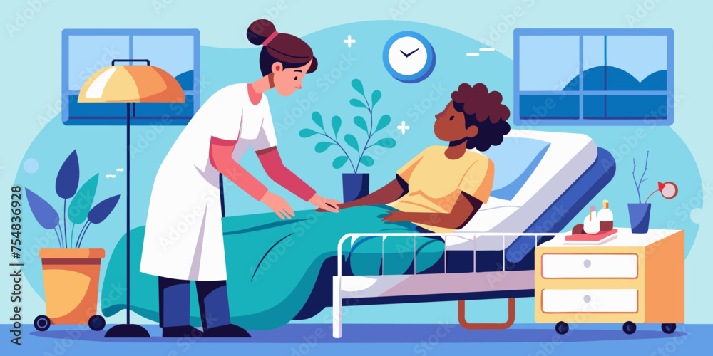Nurse Comforting Patient, Caring Hospital Scene with Nurse and Patient Vector Art Nurse Comforting Patient, Caring Hospital Scene with Nurse and Patient Vector Art