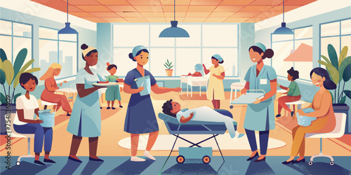 maternity ward with a joyful atmosphere as newborns are being cared for by nurses