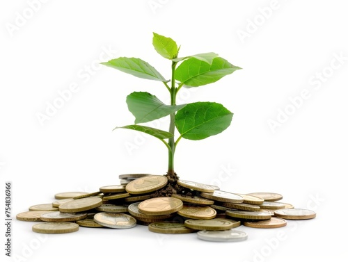 Plant Sprouting from Coin Pile on Isolated White photo