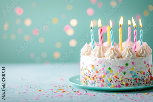 Vibrant birthday cake with colorful lit candles and sprinkles on a light blue backdrop.