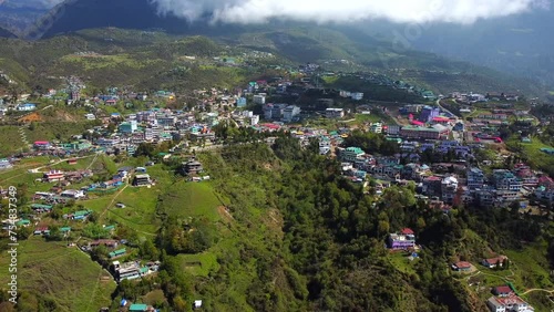 Aerial view tawang town in arunachal pradesh in India. Landscape mountains of himalayas of arunachal pradesh.