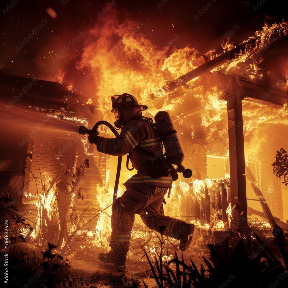 A firefighter, holding a water cannon, leaps into the flames inside the house
