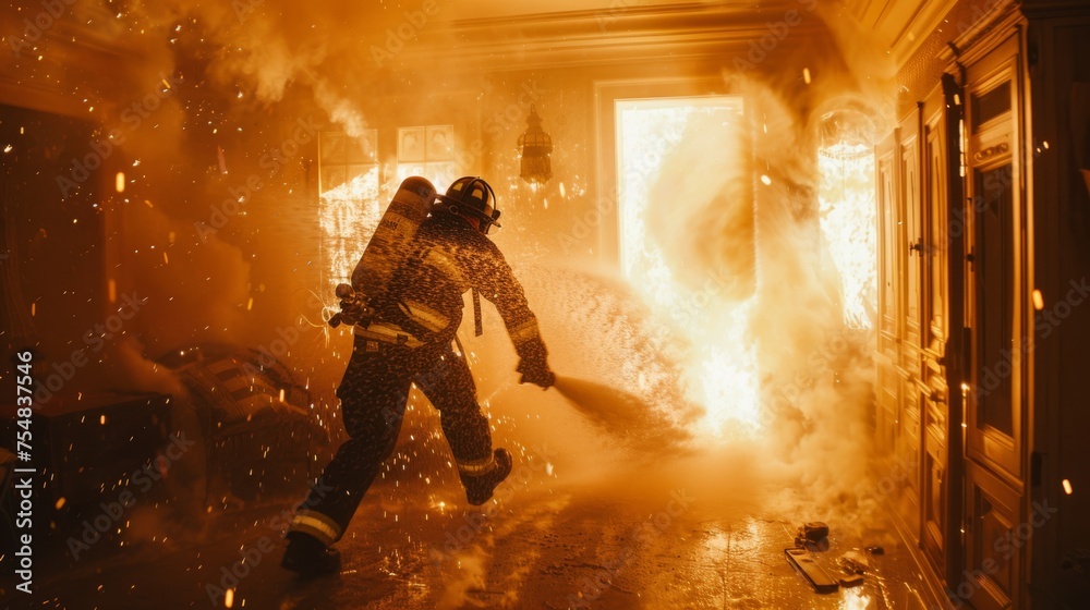 A firefighter, holding a water cannon, leaps into the flames inside the house
A firefighter, holding a water cannon, leaps into the flames inside the house