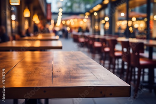 Cozy wooden round table with bokeh light on pub or bar background for a warm and inviting atmosphere © sorin