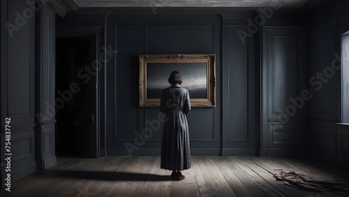A deeply affecting image of a woman in a moment of despair, her figure framed against the starkness of an empty, echoing room, generative AI © Zimal