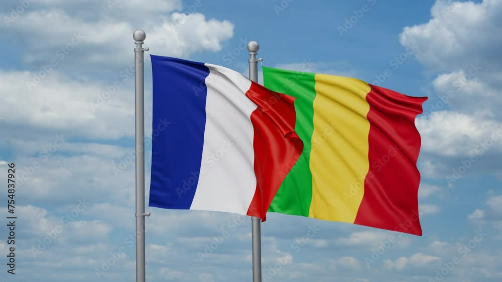 Mali and France flags waving together, looped video, two country relations concept Mali and France flags waving together, looped video, two country relations concept