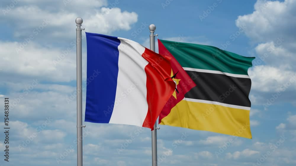 Mozambique and France two flags waving together, looped video, two country cooperation concept Mozambique and France two flags waving together, looped video, two country cooperation concept