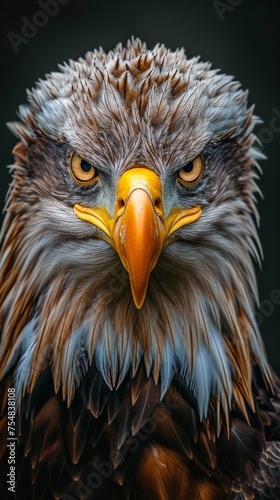 Close up of a majestic eagle with an intense and fierce expression on its face, showing its powerful and intimidating presence