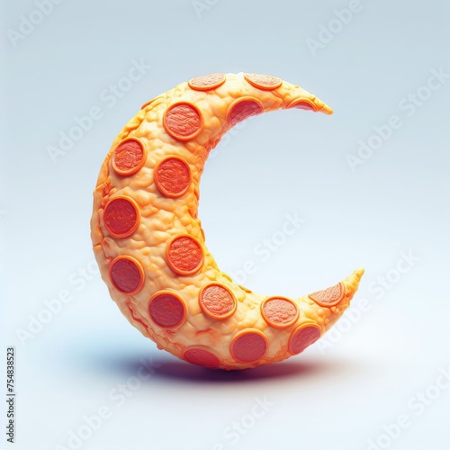 3D realistic crescent moon made of pizza with ramadan theme, isolated on background, Generative AI