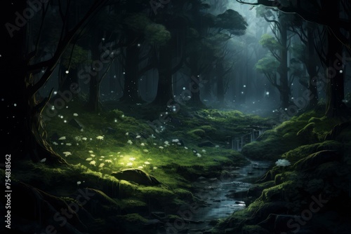 Tranquil Night forest jungle. Wood creepy. Generate Ai