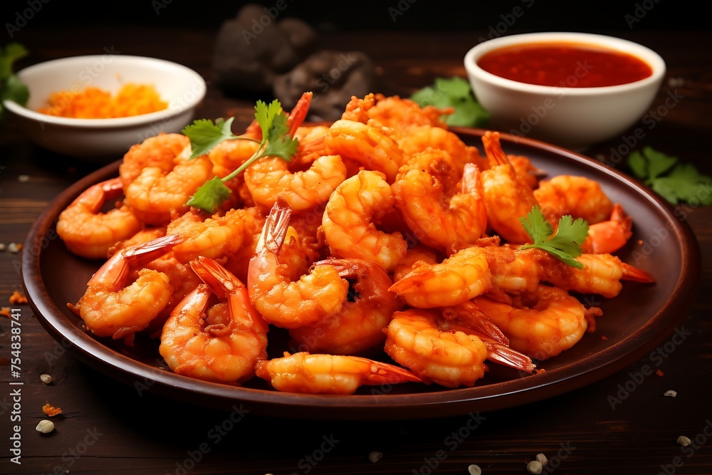 Fried shrimps on a plate on a wooden background Fried shrimps on a plate on a wooden background