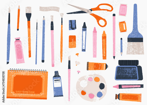 Painting tools and materials. Cartoon artist paintbrushes, pencils, tubes, palette and other painting equipment. Vector sketch kit isolated set © Tartila