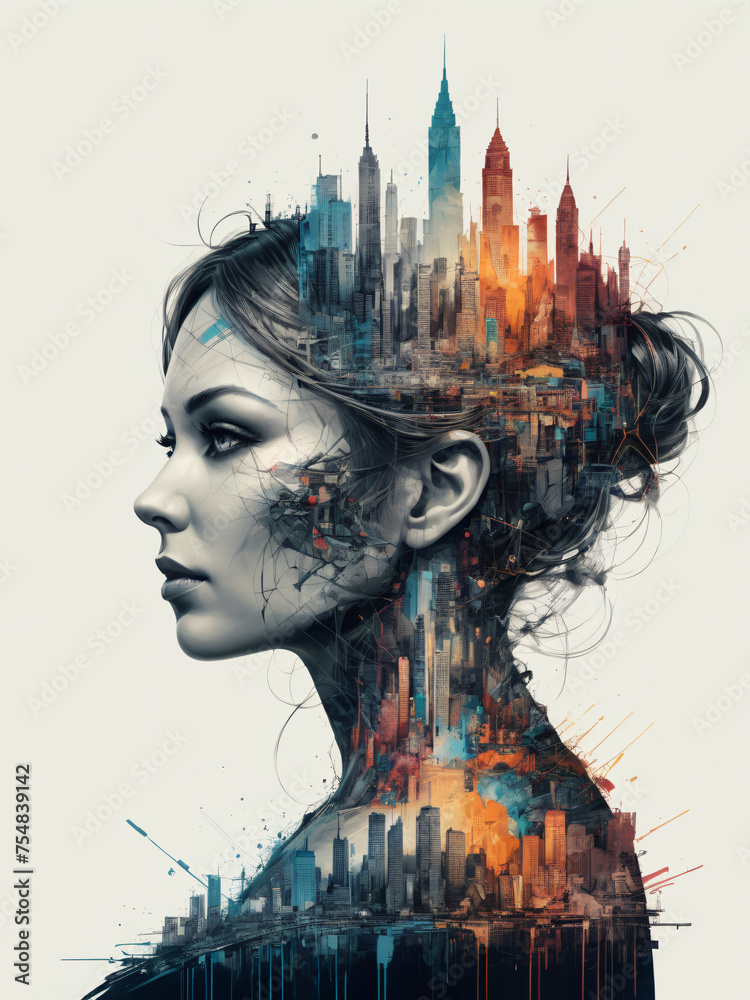 Urbane Reflexion - Ein Porträt, das die Silhouette einer Frau mit der Skyline einer modernen Stadt verschmilzt, reflektiert die Verbindung zwischen Mensch und urbanem Umfeld. - obrazy, fototapety, plakaty 